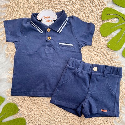 Conj. Camiseta Gola Polo Listrada e Bermuda em Moletinho - Marinho